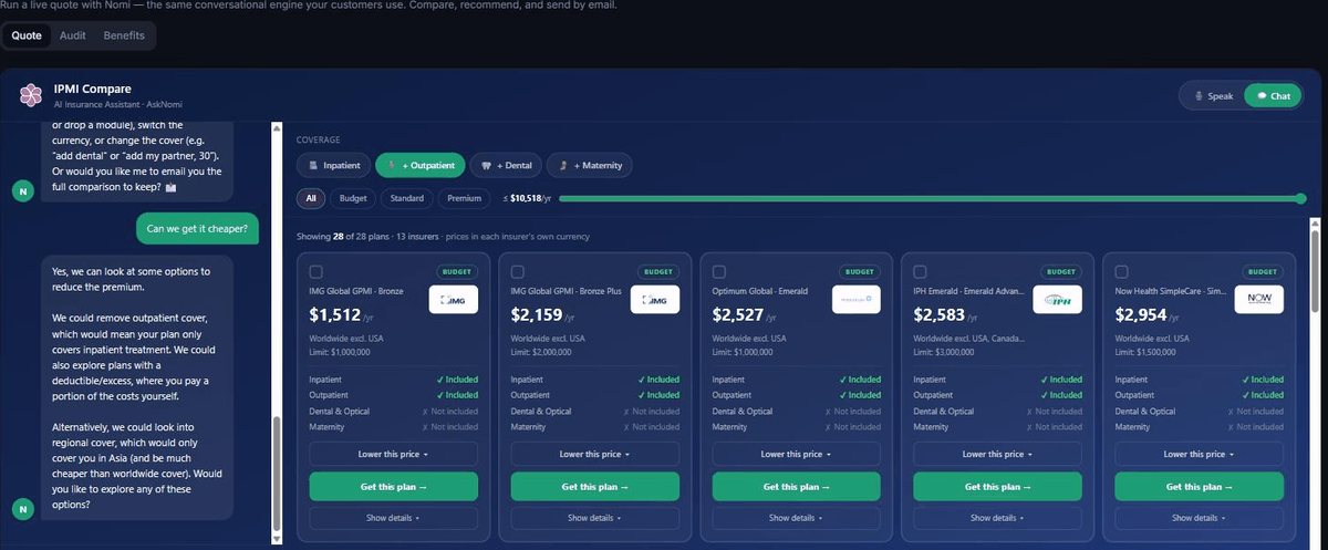 The Nomi widget. On the left, a visitor asks whether the cover can be cheaper and Nomi explains the options - dropping outpatient cover, adding an excess, or switching to regional cover. On the right, the live market: 28 plans across 13 insurers, ranked cheapest first.