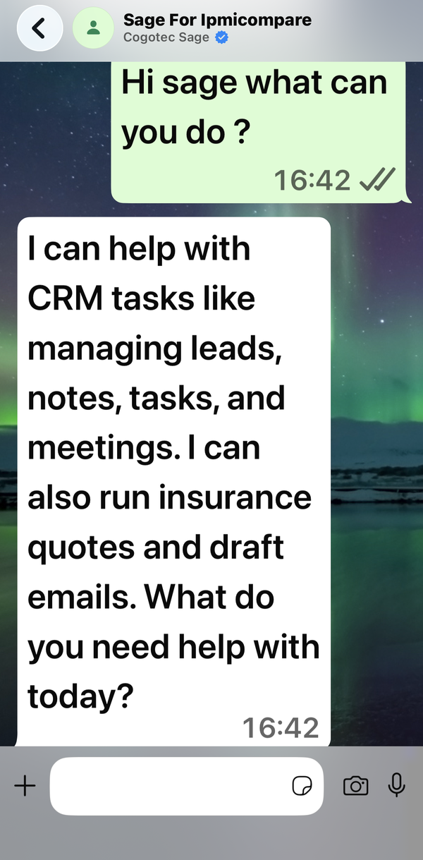 A WhatsApp conversation with Sage. The broker asks what Sage can do; Sage replies that it can help with CRM tasks like managing leads, notes, tasks and meetings, and can also run insurance quotes and draft emails.